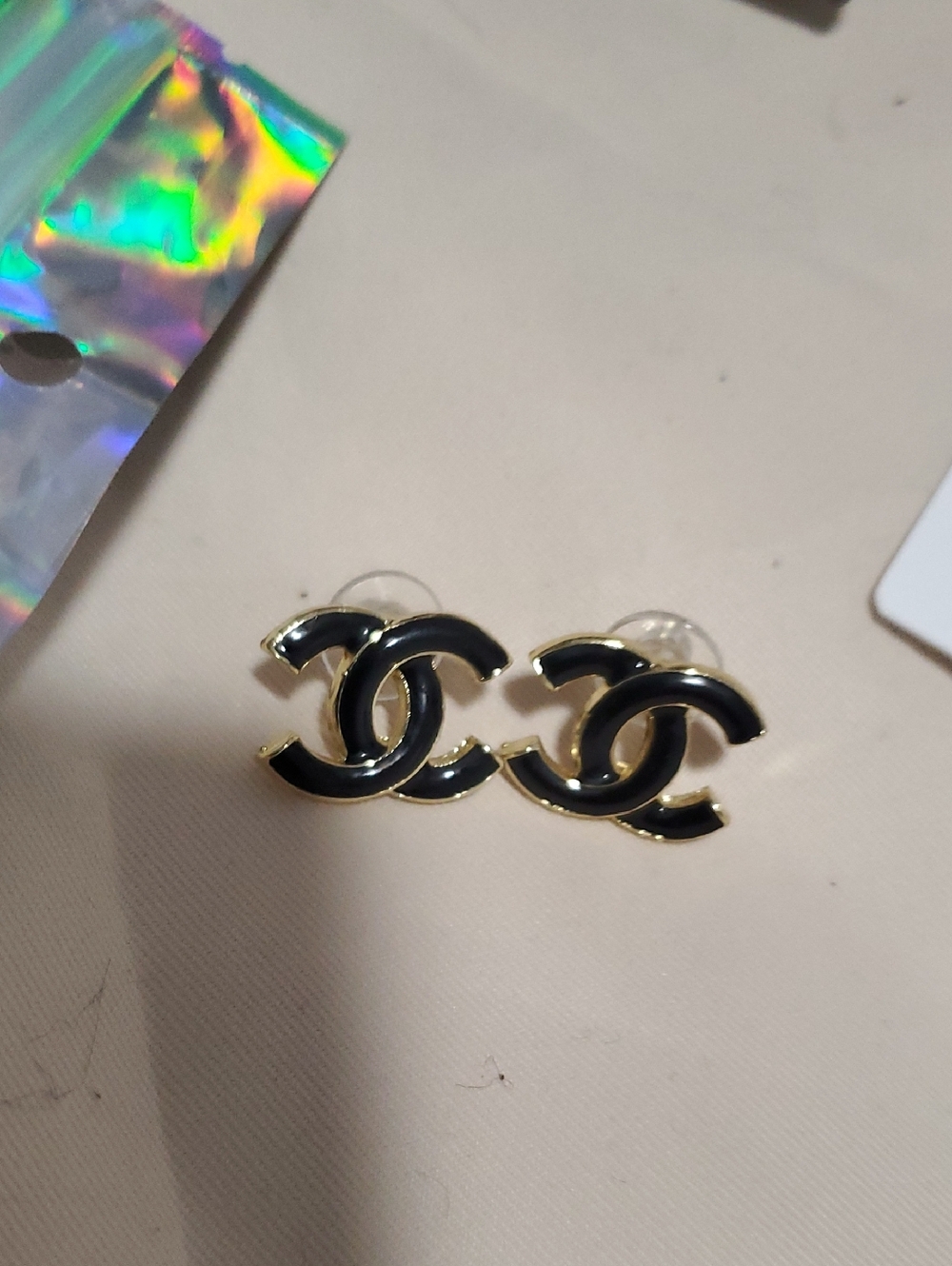 Fashion Jewelry Black and Gold Interlocking Logo Stud Earrings